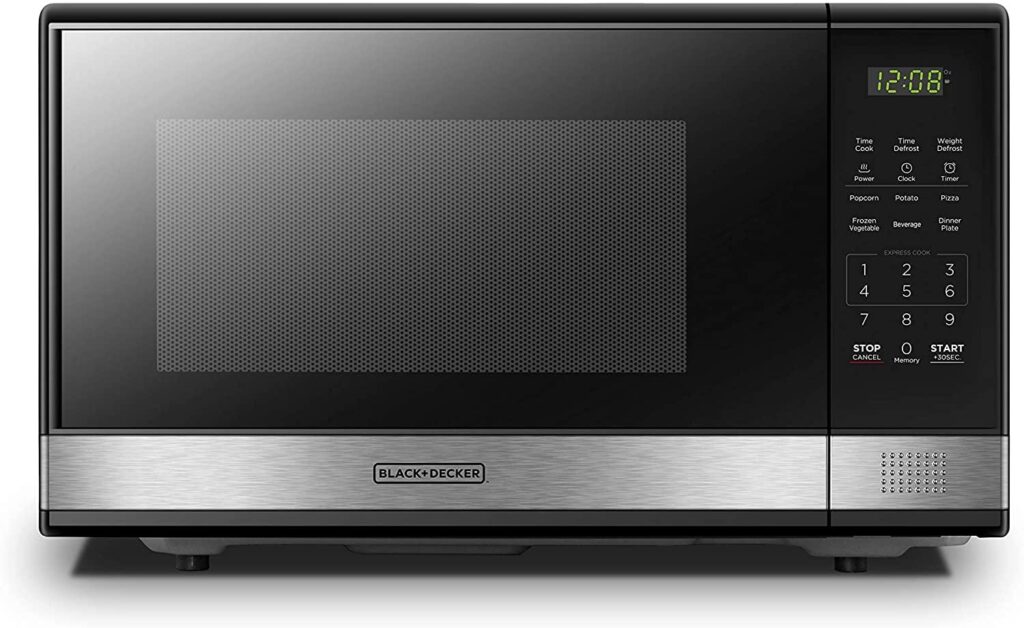 BLACK+DECKER EM031MB11 Digital Microwave Oven with Turntable Push-Button Door, Child Safety Lock, 1000W, , Black & Stainless Steel, FitToKitchen.com