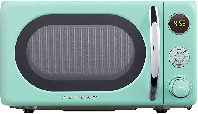 Galanz GLCMKA07GNR-07 Retro Microwave Oven, LED Lighting, Pull Handle Design, Child Lock, Surf Green, 0.7 cu ft FitToKitchen