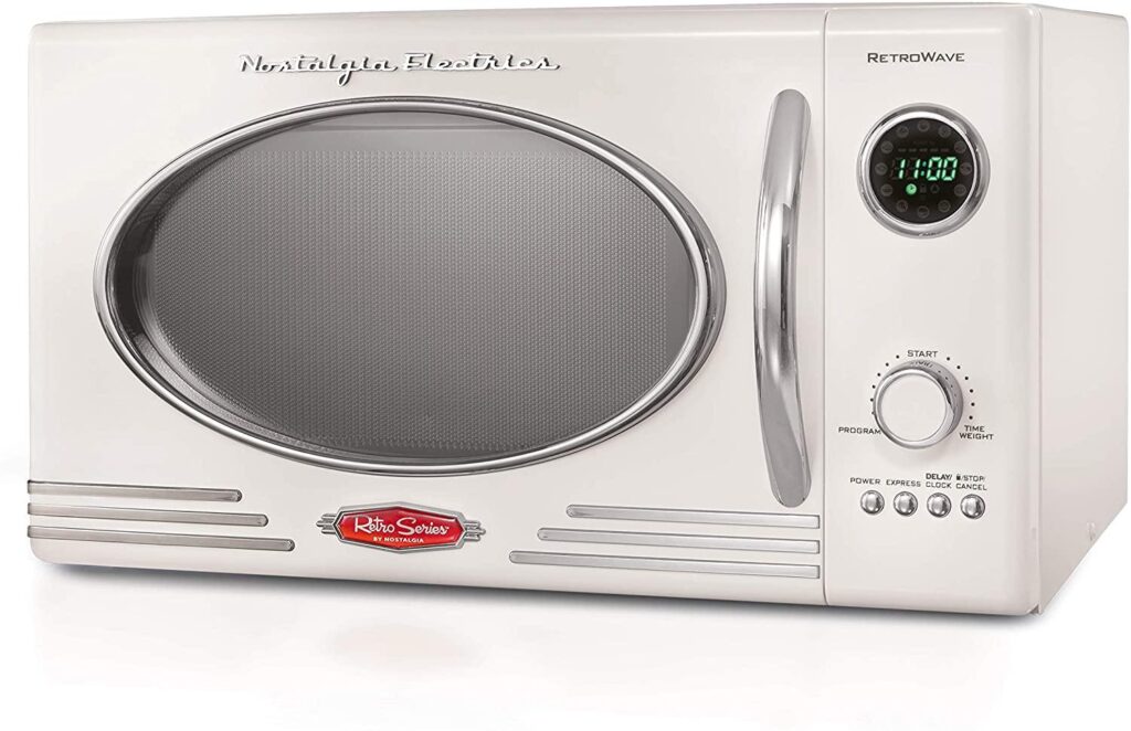 Nostalgia Retro Countertop Microwave Oven, 0.9 Cu. Ft. 800-Watts with LED Digital Display, Child Lock, Easy Clean Interior, Cubic Foot, Ivory FitToKitchen