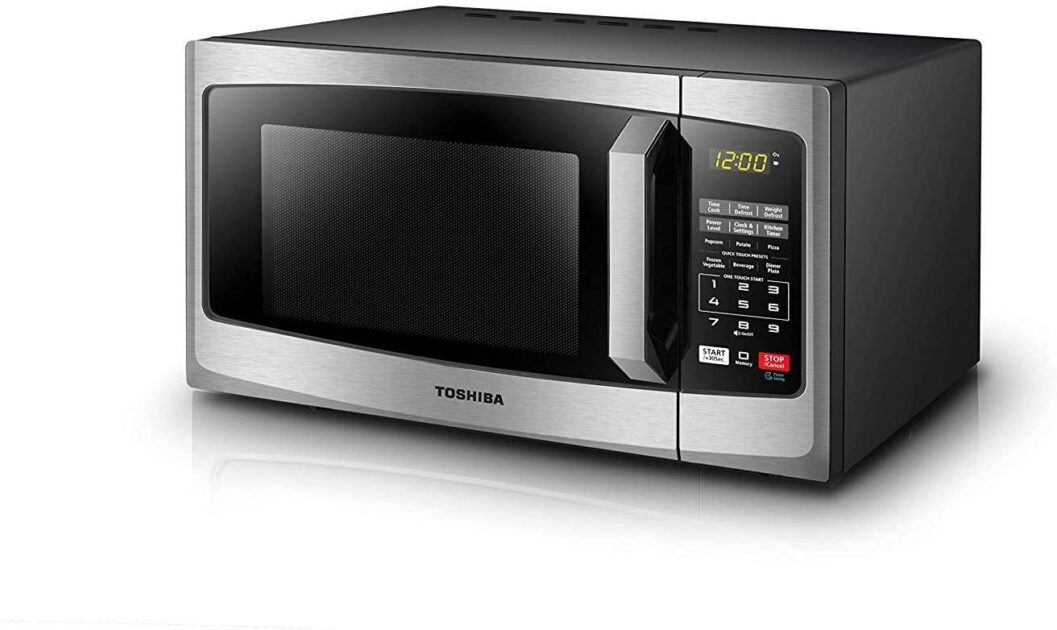 Toshiba EM925A5A-BS Microwave Oven with Sound OnOff ECO Mode and LED Lighting, 0.9 Cu Ft900W, Black Stainless Steel; FitToKitchen.com